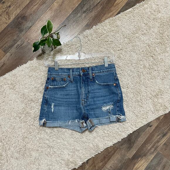 Madewell Medium Wash Vintage-Inspired Edgy Cuffed Distressed High Rise Shorts - Picture 1 of 5